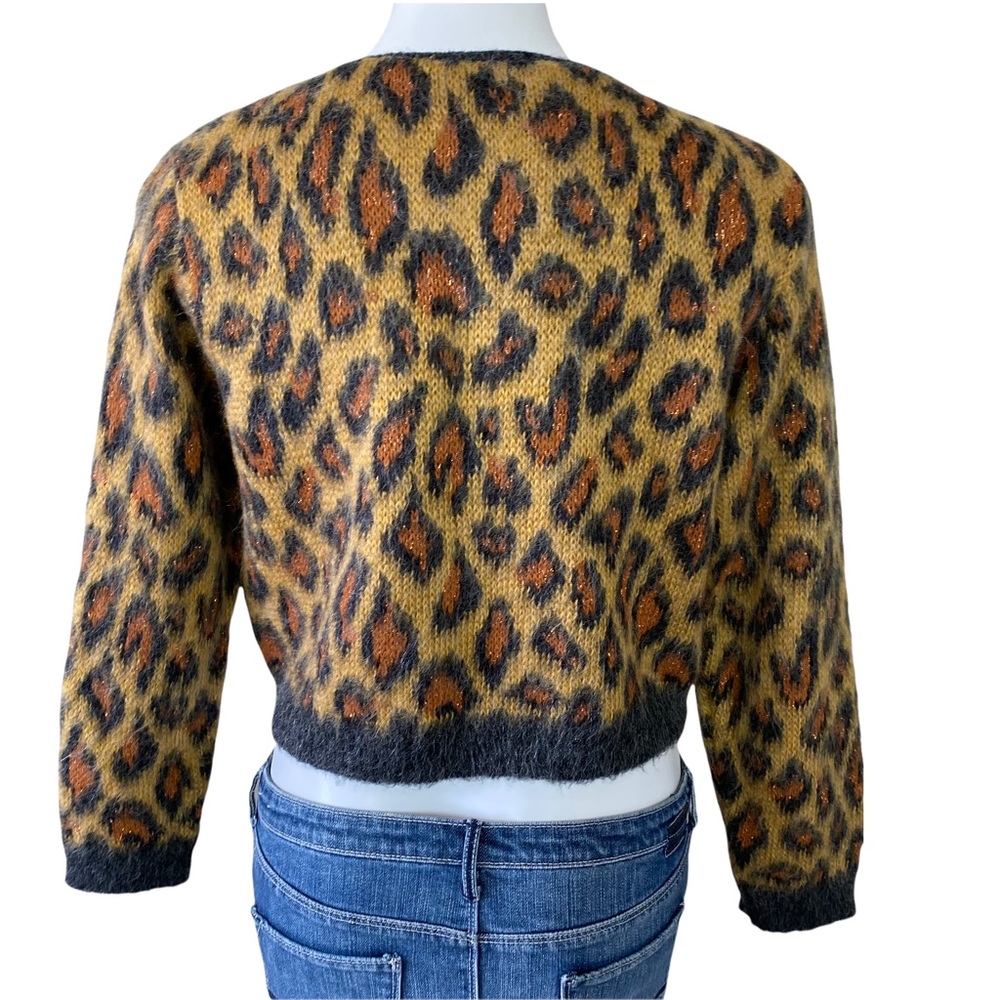 Anthro Button Front Cheetah Print Sweater with Metallic Shimmer Crop Cardigan M - Picture 2 of 12